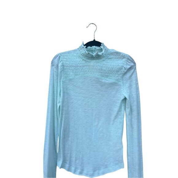 NWT Free People Caroline Smocked Turtleneck Top Blouse Iced Aqua Size medium - Picture 3 of 7